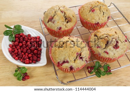 Freshly baked cranberry  muffins on cooling rack with dish of cranberries.