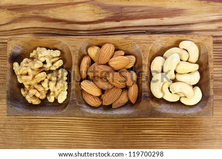 Assorted nuts almonds, cashews and walnuts in wooden bowl.