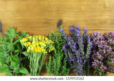 Bunches of fresh herbs on wooden background