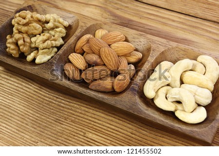 Assorted nuts almonds, cashews and walnuts in wooden bowl.