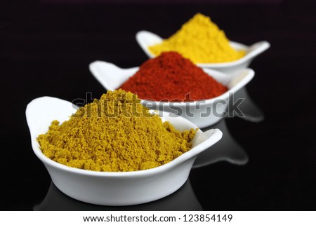 Spices in small white bowls. Includes curry powder, turmeric and pepper powder.