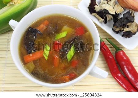 Chinese soup, Chinese style soup with mushroom, vegetables and chicken