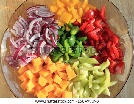 Colored peppers and onions diced on a plate.