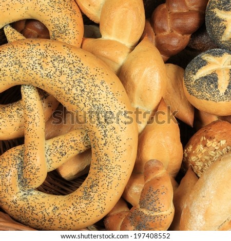 Varieties of bread in Europe. European bakery food products.