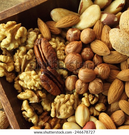 Varieties of nuts: peanuts, almonds, brazil nut, walnuts   and pecans. Food and cuisine.
