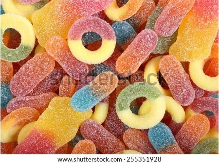 Sweet background with colorful jelly candies. Unhealthy food.