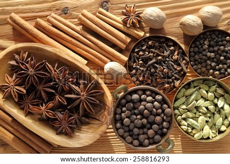 Aromatic spices in brown. Cooking ingradients and natural food additives.