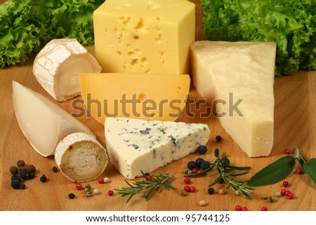 Variety of cheese: ementaler, gouda, Danish blue soft cheese and other hard cheeses. Herbs and spices.