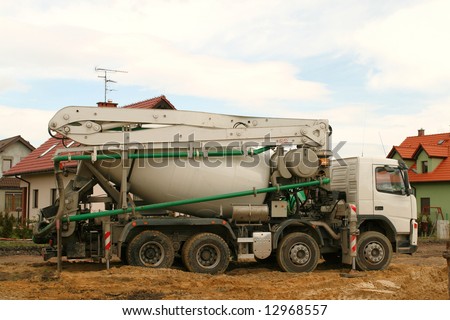 Concrete mixer truck. Construction industry heavy vehicle.