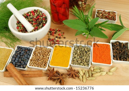 Variety of herbs and spices - whole diversity of various natural food additives