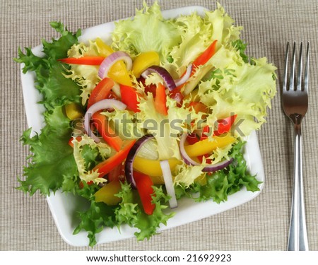 Colorful vegetable salad: onions, peppers, lettuce. Vegetarian cuisine.