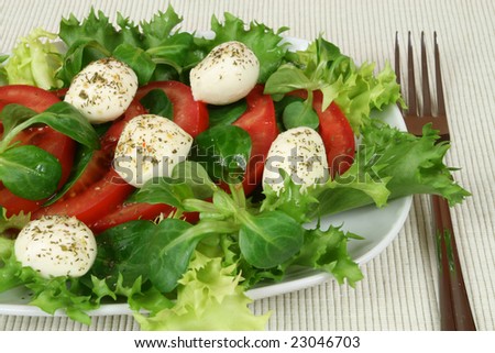 Healthy and colorful vegetable salad. Tomato, rocket plant (arugula) and mozzarella with herbs.