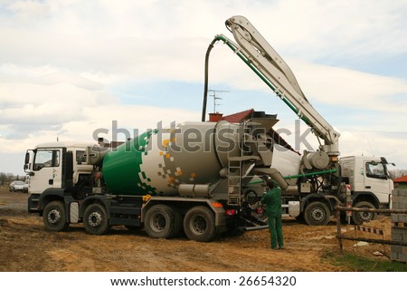 Construction industry machinery. Concrete mixer truck and a worker.