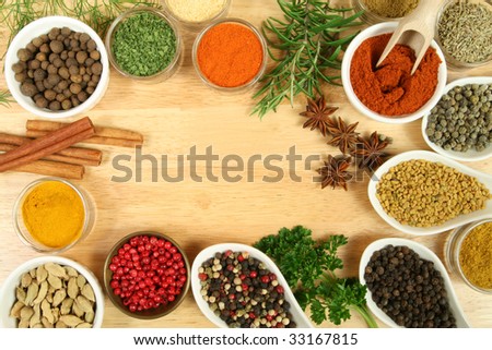 Various spices selection. Food ingredients and aromatic additives. Natural dried cuisine elements.