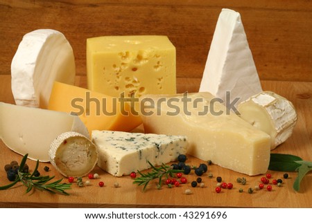 Variety of cheese: gouda, ementaler, Danish blue soft cheese and other hard cheeses. Herbs and spices.