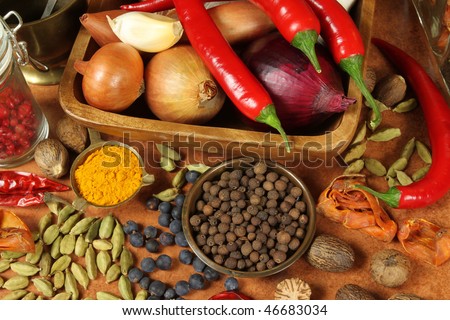 Herbs and spices selection. Aromatic ingredients and natural food additives. Cuisine elements.