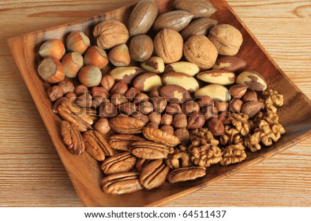 Mixture of nuts in wooden bowl. Christmas cuisine.