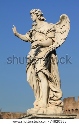 Famous Ponte Sant\' Angelo bridge. Baroque angel sculpture by Girolamo Lucenti. Italy - Rome.