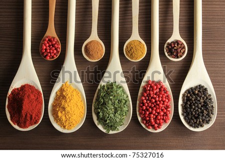 Colorful spices in wooden spoons - beautiful kitchen image.