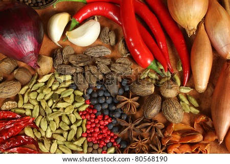 Cooking ingredients - colorful variety of spices, herbs, vegetables and other food.