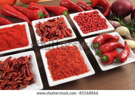 Red spices - chili peppers, ground pepper, pepper powder, dried peppers