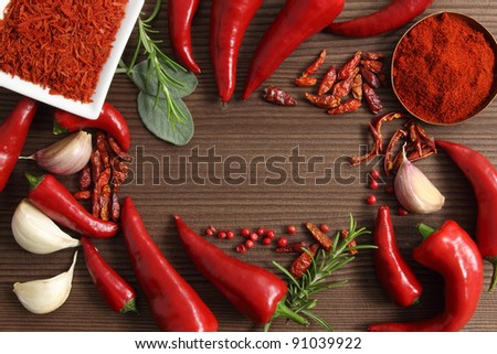 Pepper spices selection. Food ingredients and aromatic additives.
