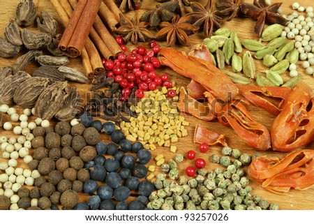 Herbs and spices selection. Aromatic ingredients and natural food additives. Cuisine elements.