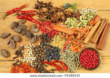 Aromatic ingredients and natural food additives. Cuisine elements.