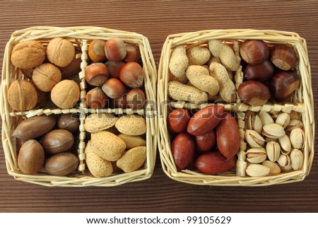 Types of nuts: peanuts, hazelnuts, chestnuts, walnuts, cashews, pistachio and pecans. Food and cuisine.