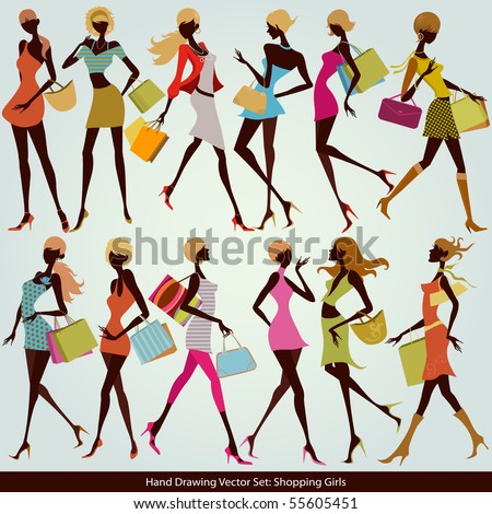 fashion shopping girls illustration set