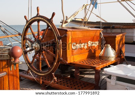 LISBON, PORTUGAL - JULY 19, 2012: Wheel of Georg Stage boat at Tall Ships Race Lisbon 2012