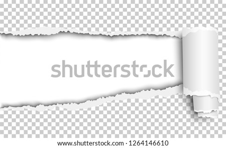 Vector oblong torn hole in transparent sheet of paper with paper curl. White resulting background. Paper mock up.