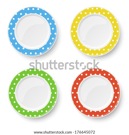 Set of color plates with white polka dot pattern isolated on white background. Raster version illustration.