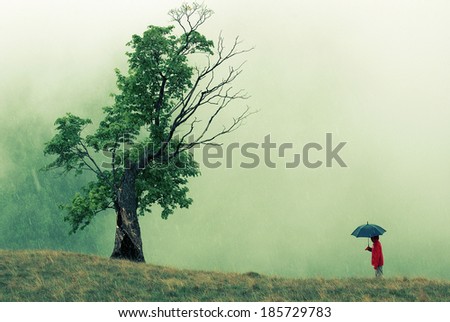 Person holding an umbrella and a tree under a heavy rain/ Strange dialog/ Peculiar conversation between a person dressed in red with a blue umbrella and a tree under a heavy slit in Paltinis, Romania