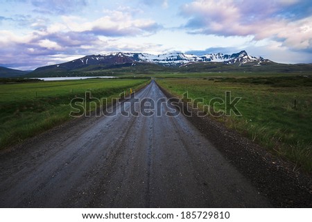 Macadam road flanked by green grass leading to a mountain in Iceland/Road to the mountains/ Icelandic landscape with a macadam road leading to a mountain with peaks covered in snow. 21.06.2012
