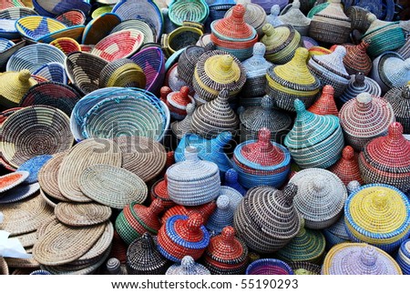 Background Created By Traditional Multicolored Woven Baskets Stock