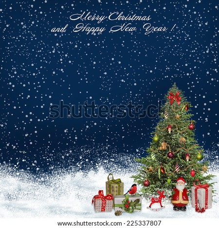 Christmas greeting background with Christmas tree and gifts