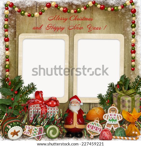 Christmas greeting card with frames,  Santa, gifts and candies