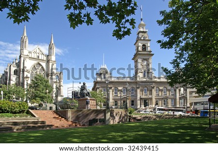 stock photo The Octagon center of Dunedin New Zealand with St