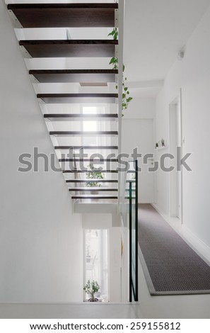 house hall with wooden stairs and glass balustrade