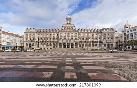 FERROL, SPAIN - SEPTEMBER 17 View of Ferrol city hall building, in Ferrol, Spain, on September 17, 2014. Ferrol is a  town located in Galicia, in the north of Spain. Photo shows main square of Ferrol.