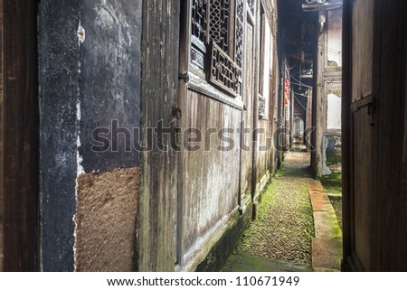 aisle in an ancient chinese folk house building in south east China, photo taken in Lichuan Fuzhou city, Jiangxi Province