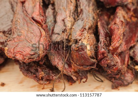 Traditional Preserved beef meat in China, popular food in Hunan Province in south east China, the beef is salted and smoked and hang under shadow for years