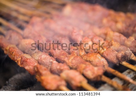 meat shashlik on top of carbon fire