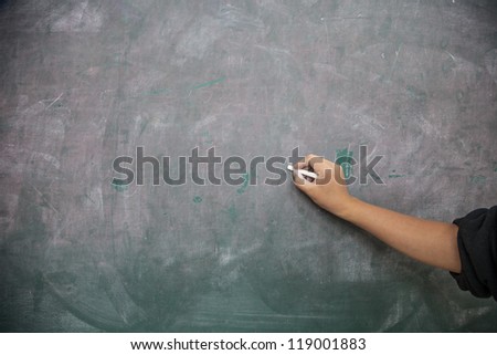 hand hold chalk start writing in the blackboard