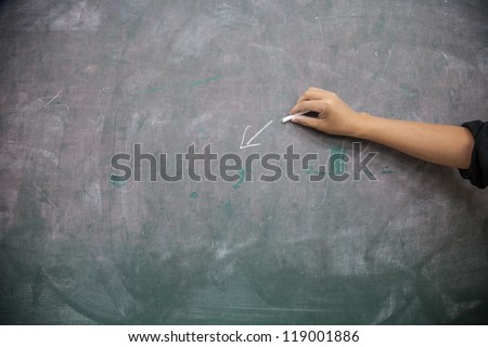 pointer in the blackboard with hand holding white chalk