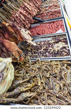 preserved meat, duck,pork,sausage sold in the local market