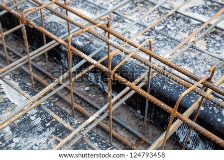 concrete iron steel cage in the floor for ground construction