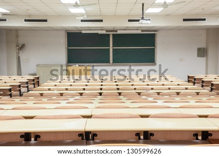 tables and chairs in a college classroom