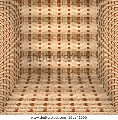 3D scene. Empty bamboo mat room concept where background, floor and all of walls covered by flax thread wired bamboo mat makes in shades of beige